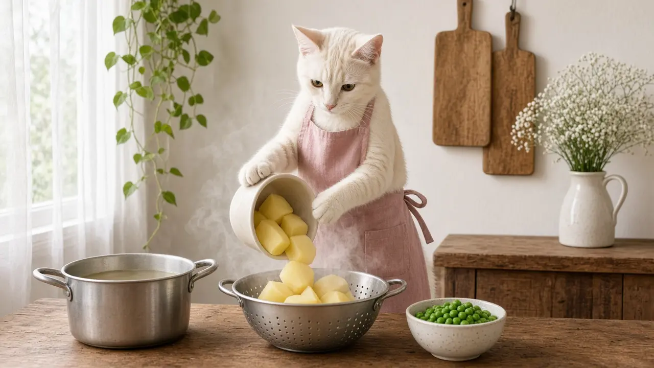 A cream-coloured cat in a pink apron, cooking this dish