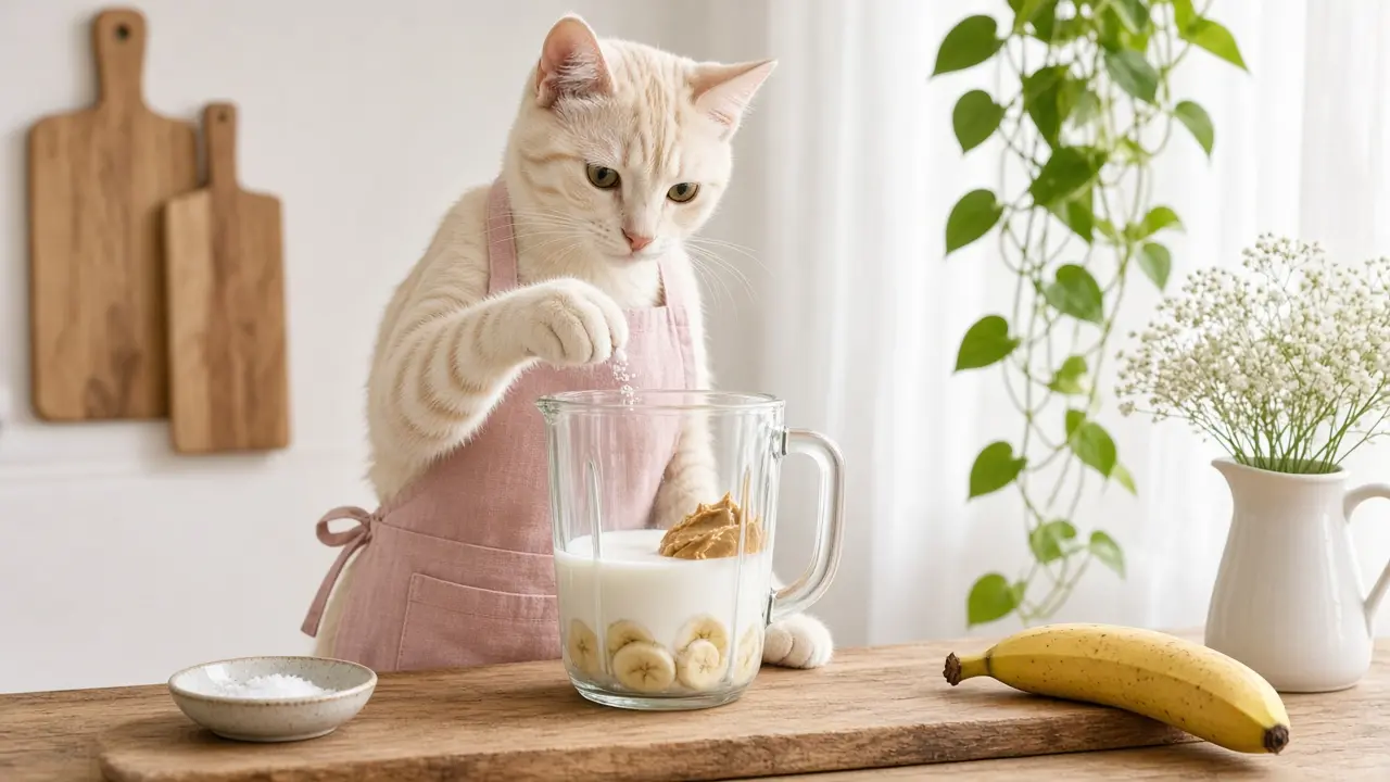 A cream-coloured cat in a pink apron, cooking this dish