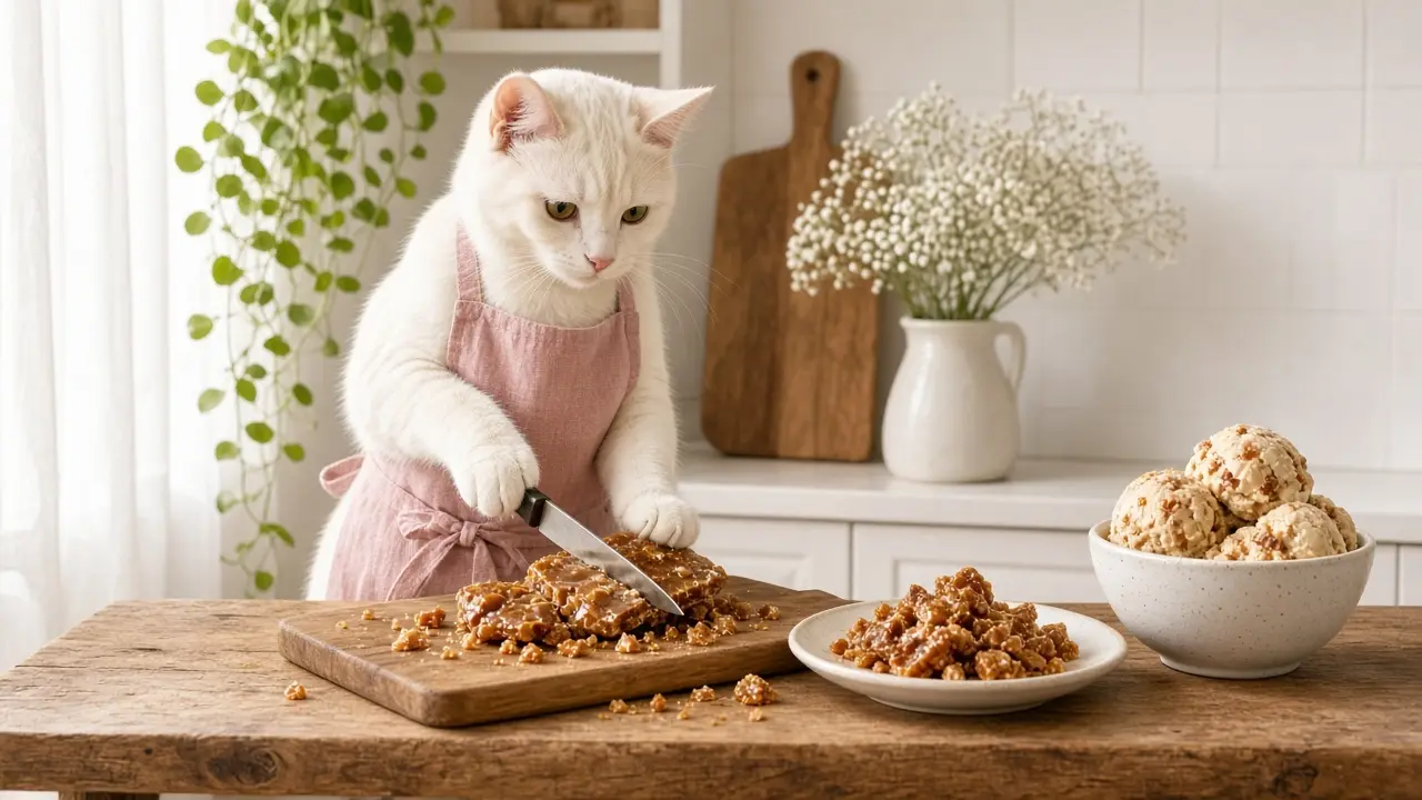 A cream-coloured cat in a pink apron, cooking this dish