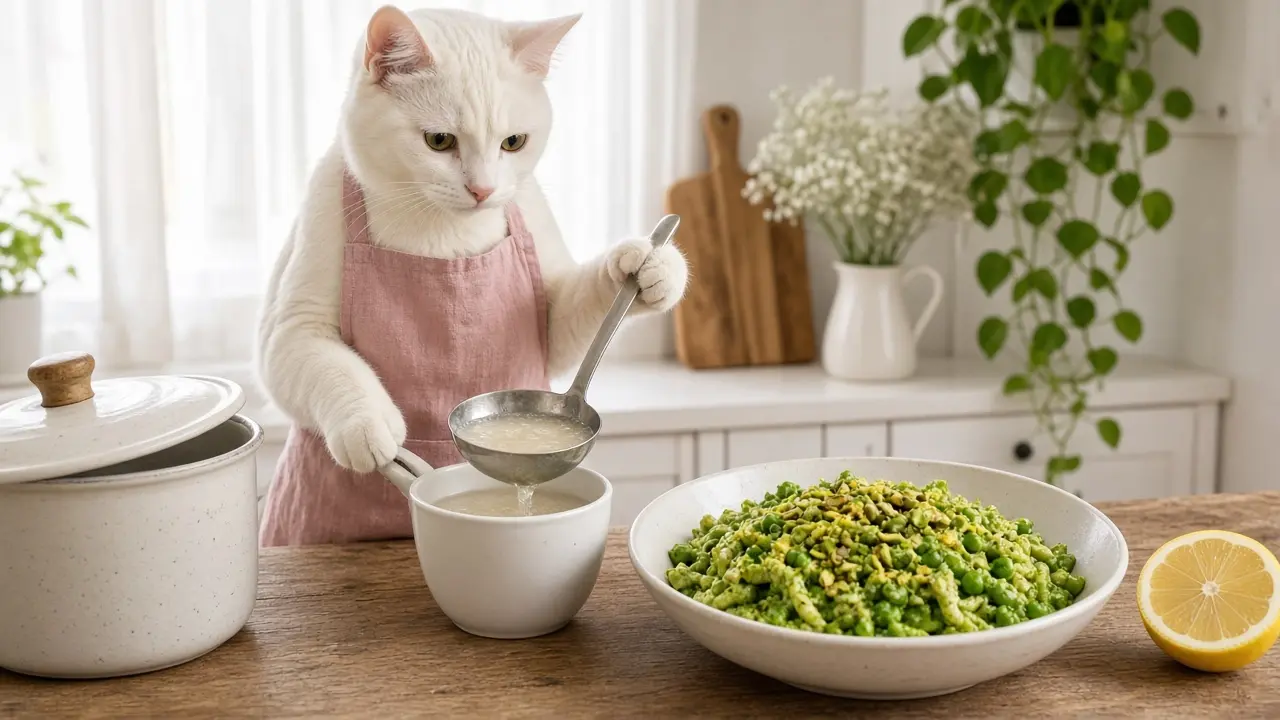 A cream-coloured cat in a pink apron, cooking this dish