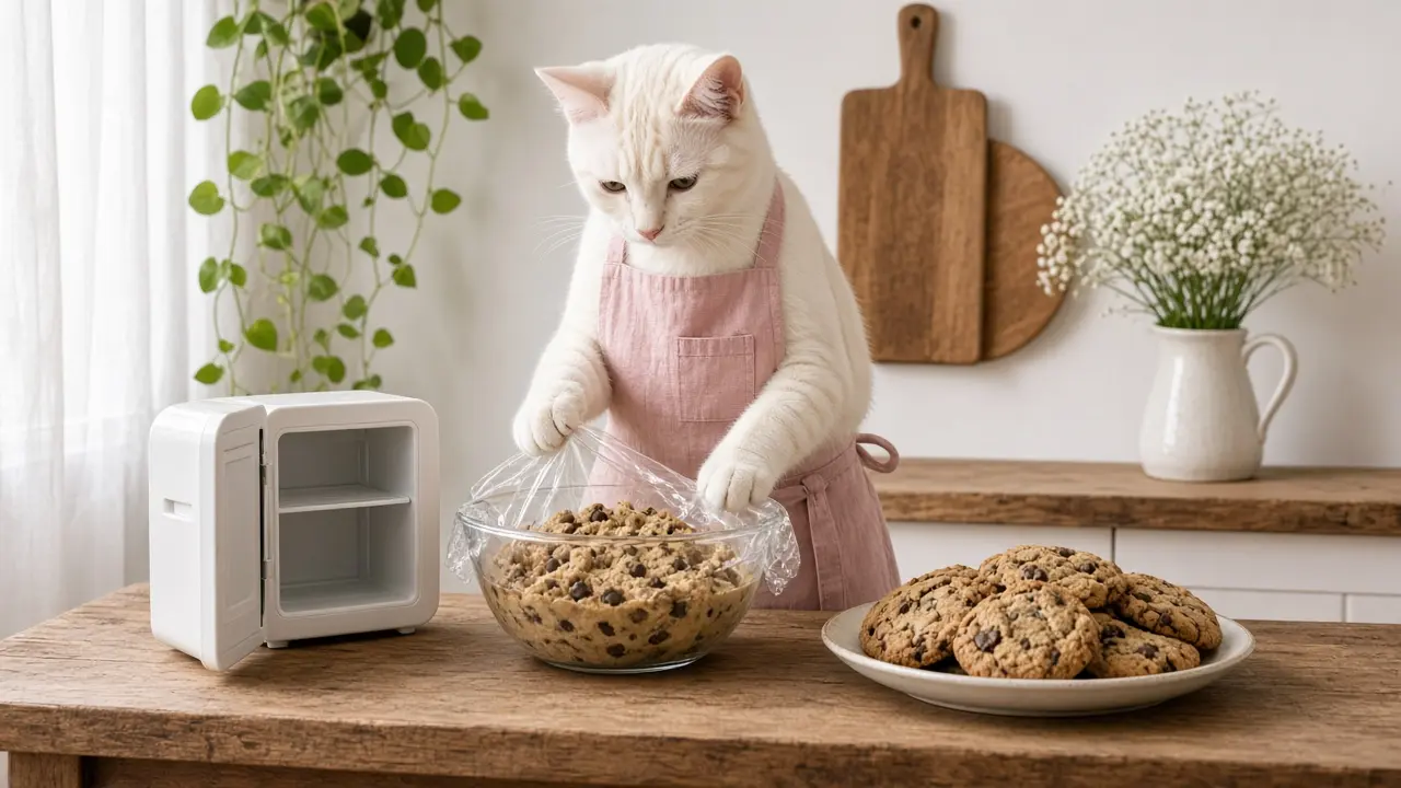 A cream-coloured cat in a pink apron, cooking this dish