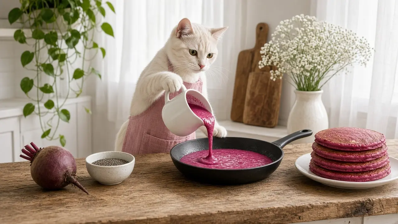 A cream-coloured cat in a pink apron, cooking this dish