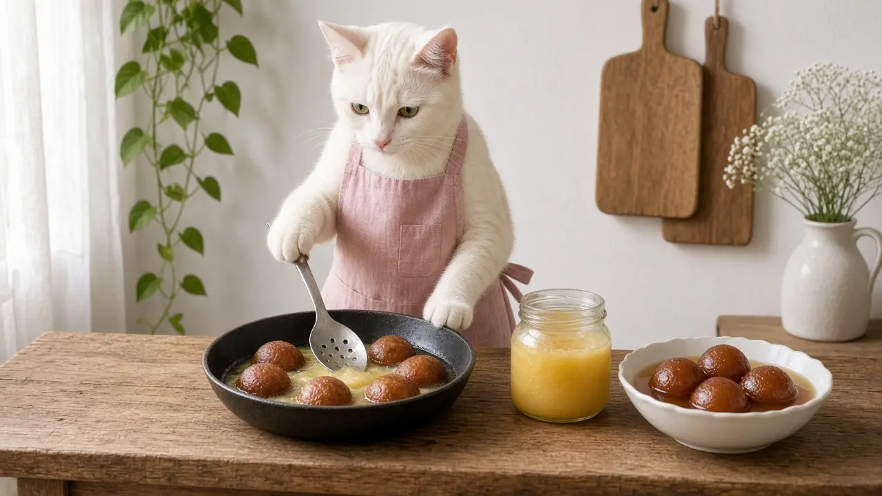 A cream-coloured cat in a pink apron, cooking this dish