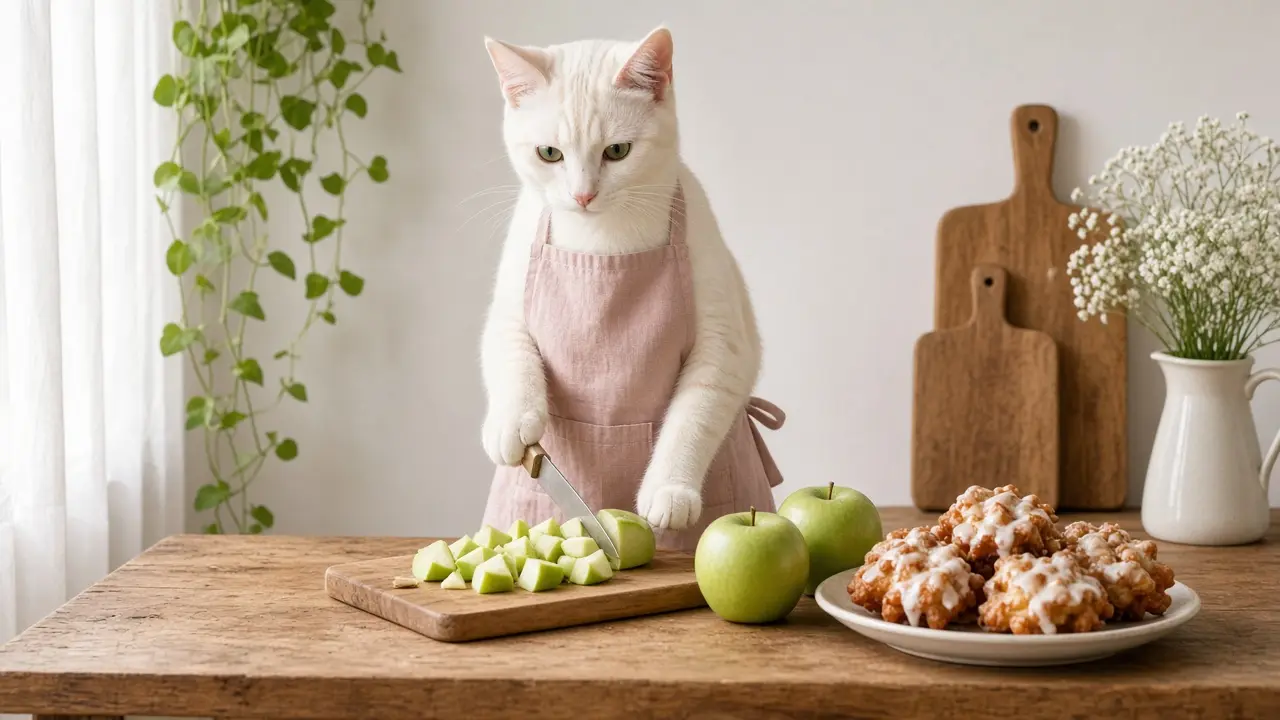 A cream-coloured cat in a pink apron, cooking this dish
