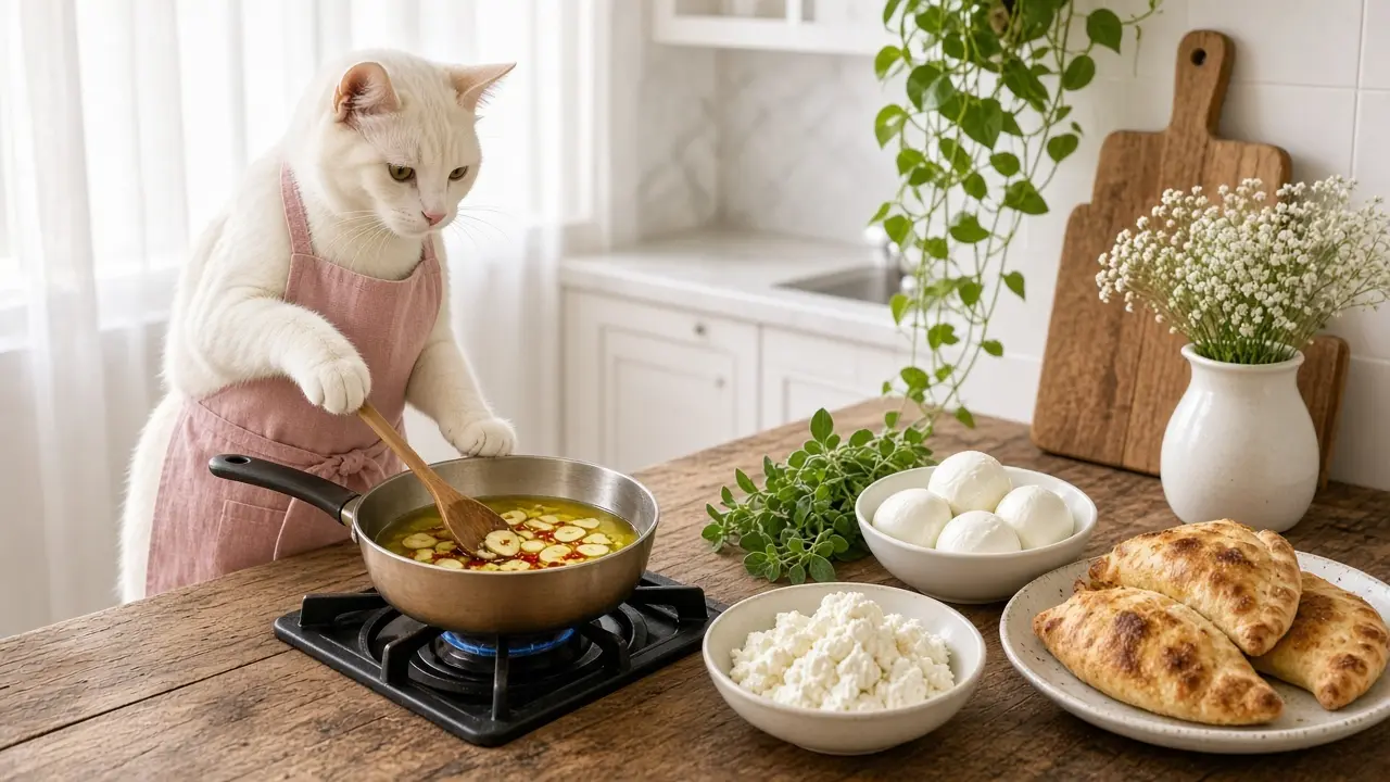 A cream-coloured cat in a pink apron, cooking this dish