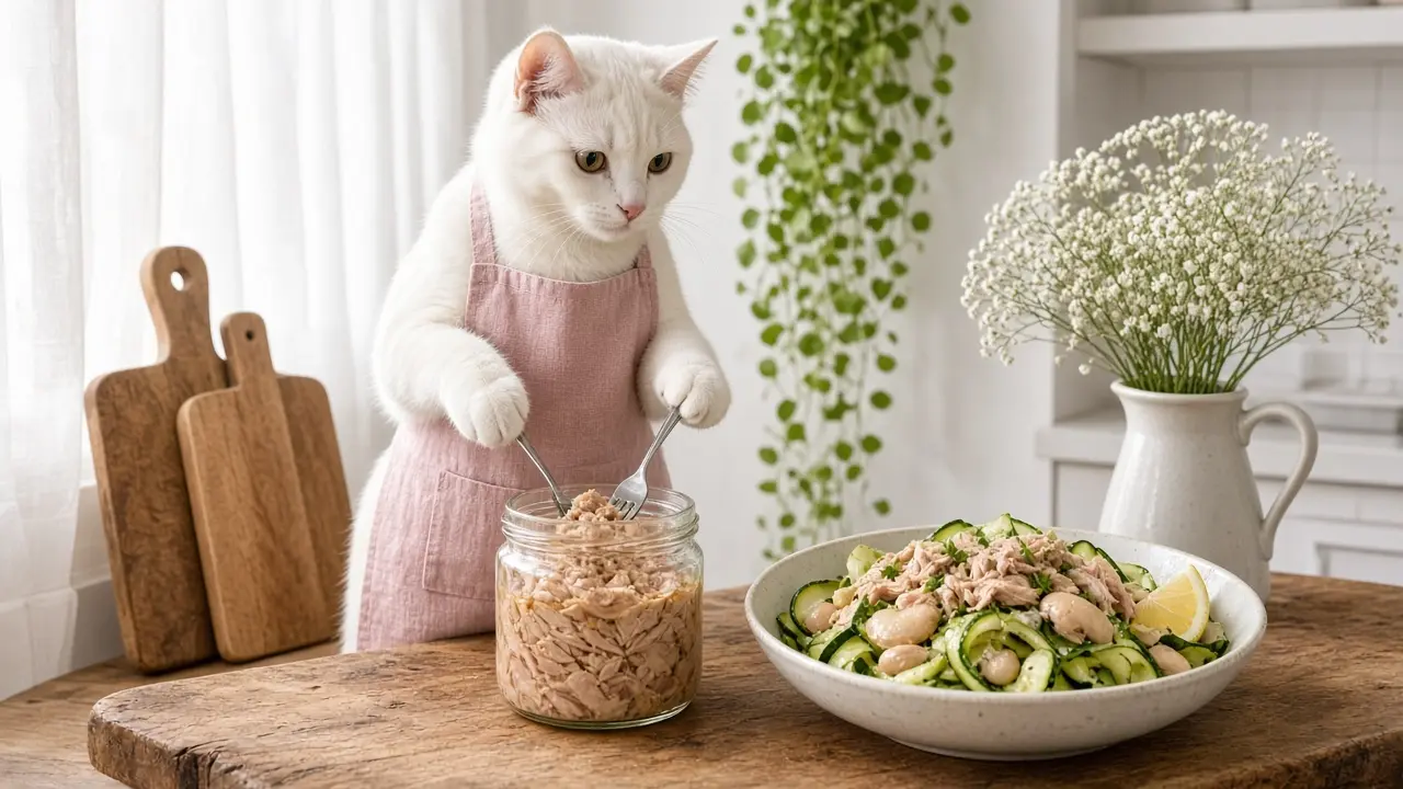A cream-coloured cat in a pink apron, cooking this dish