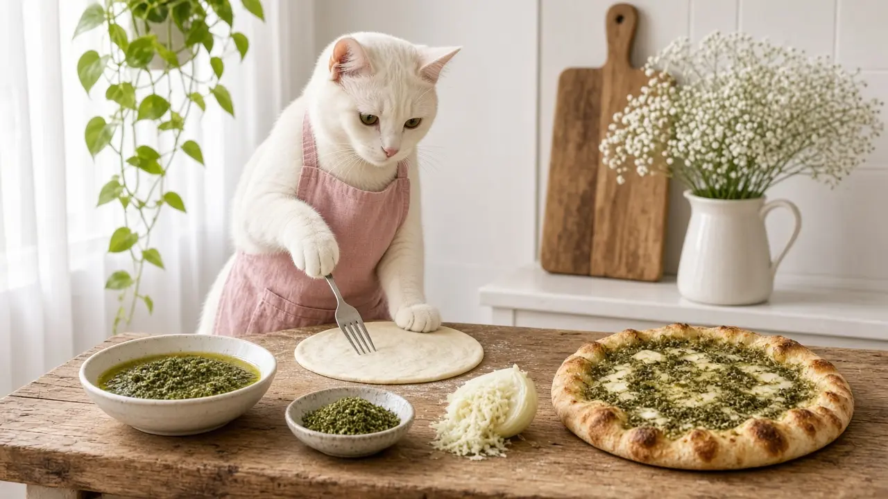 A cream-coloured cat in a pink apron, cooking this dish