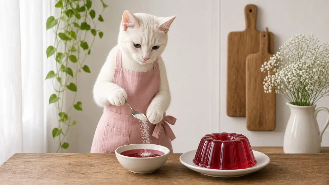 A cream-coloured cat in a pink apron, cooking this dish