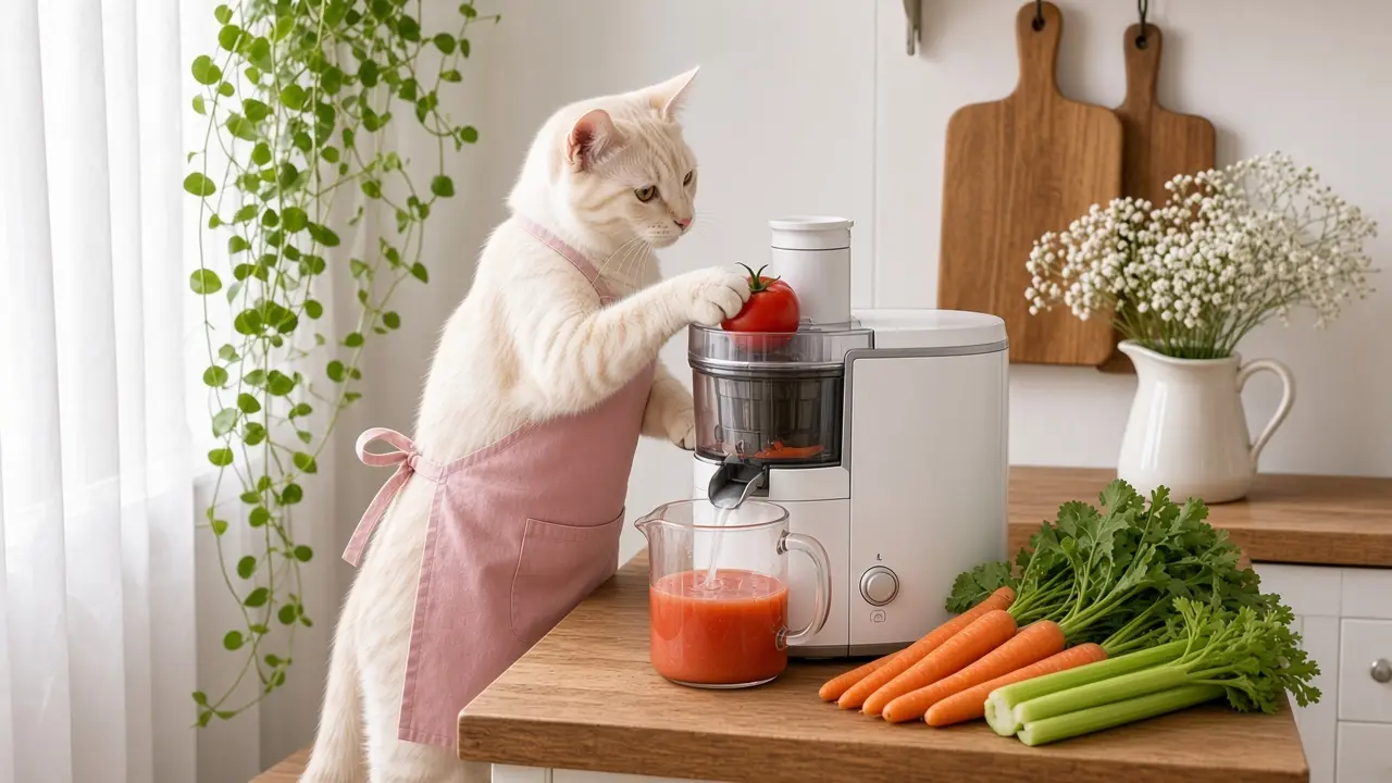 A cream-coloured cat in a pink apron, cooking this dish