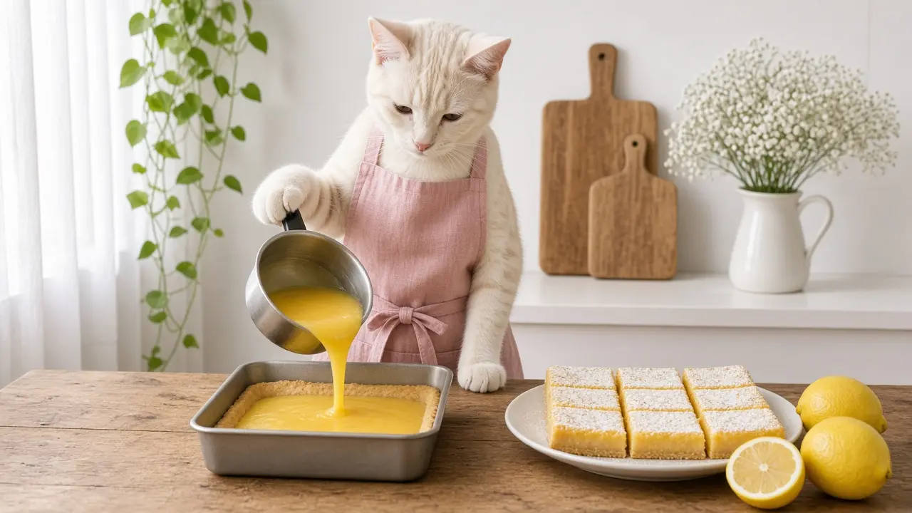 A cream-coloured cat in a pink apron, cooking this dish