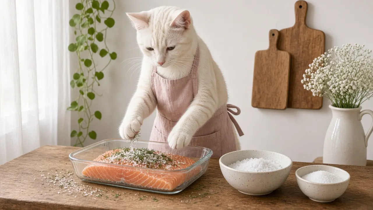 A cream-coloured cat in a pink apron, cooking this dish