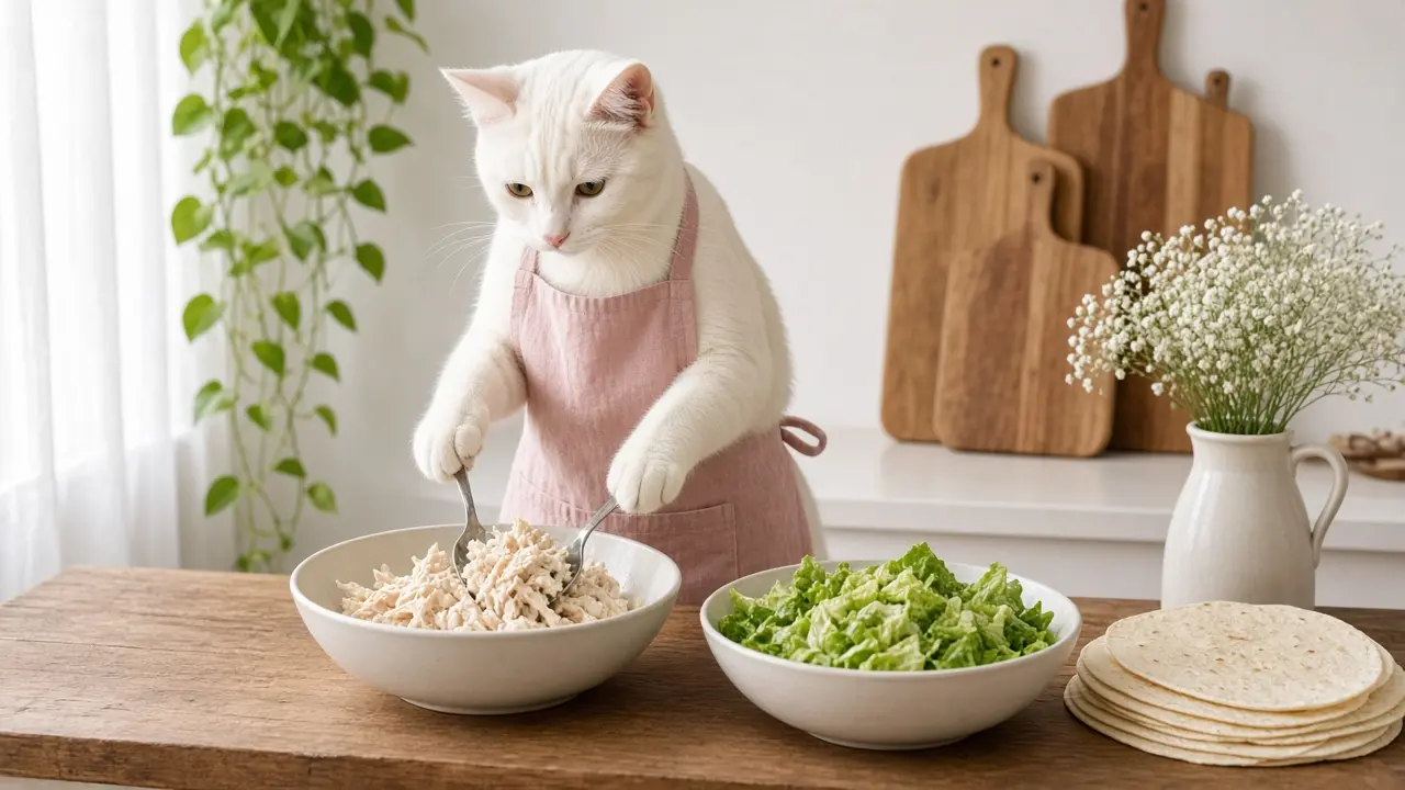 A cream-coloured cat in a pink apron, cooking this dish