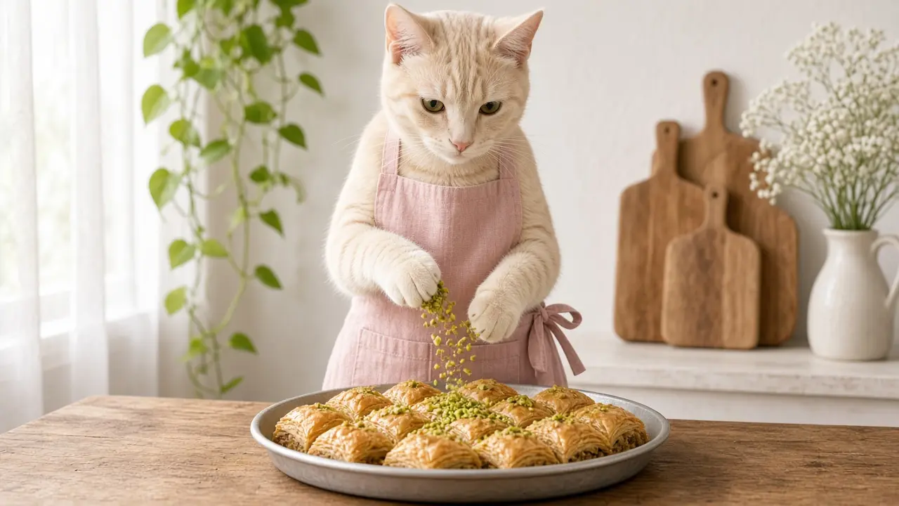 A cream-coloured cat in a pink apron, cooking this dish