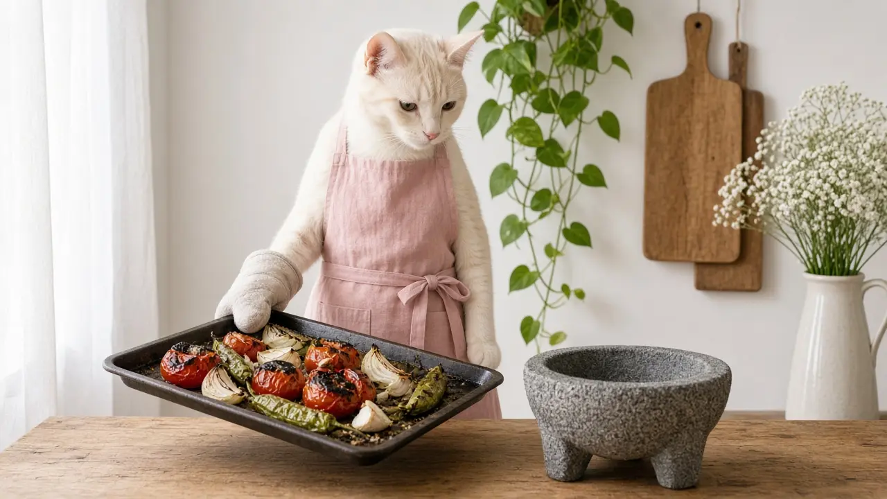 A cream-coloured cat in a pink apron, cooking this dish