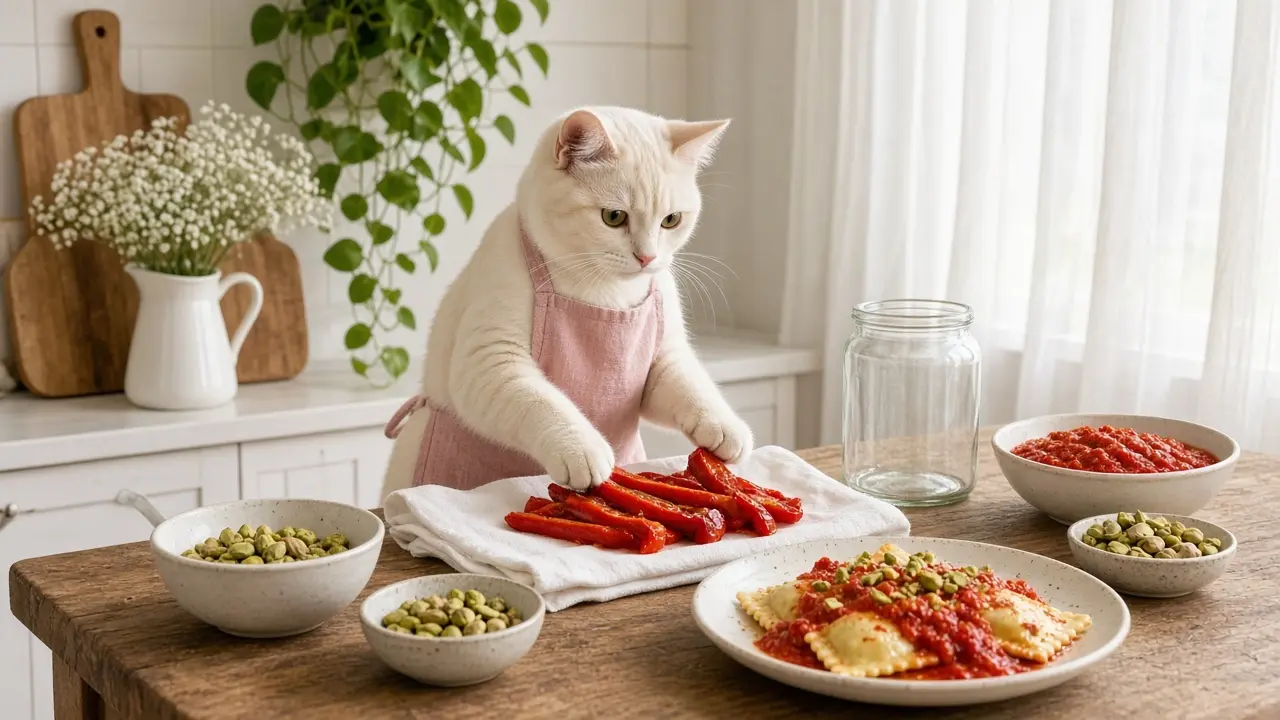 A cream-coloured cat in a pink apron, cooking this dish