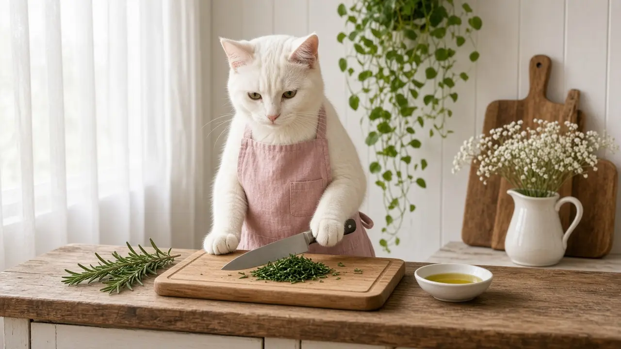 A cream-coloured cat in a pink apron, cooking this dish