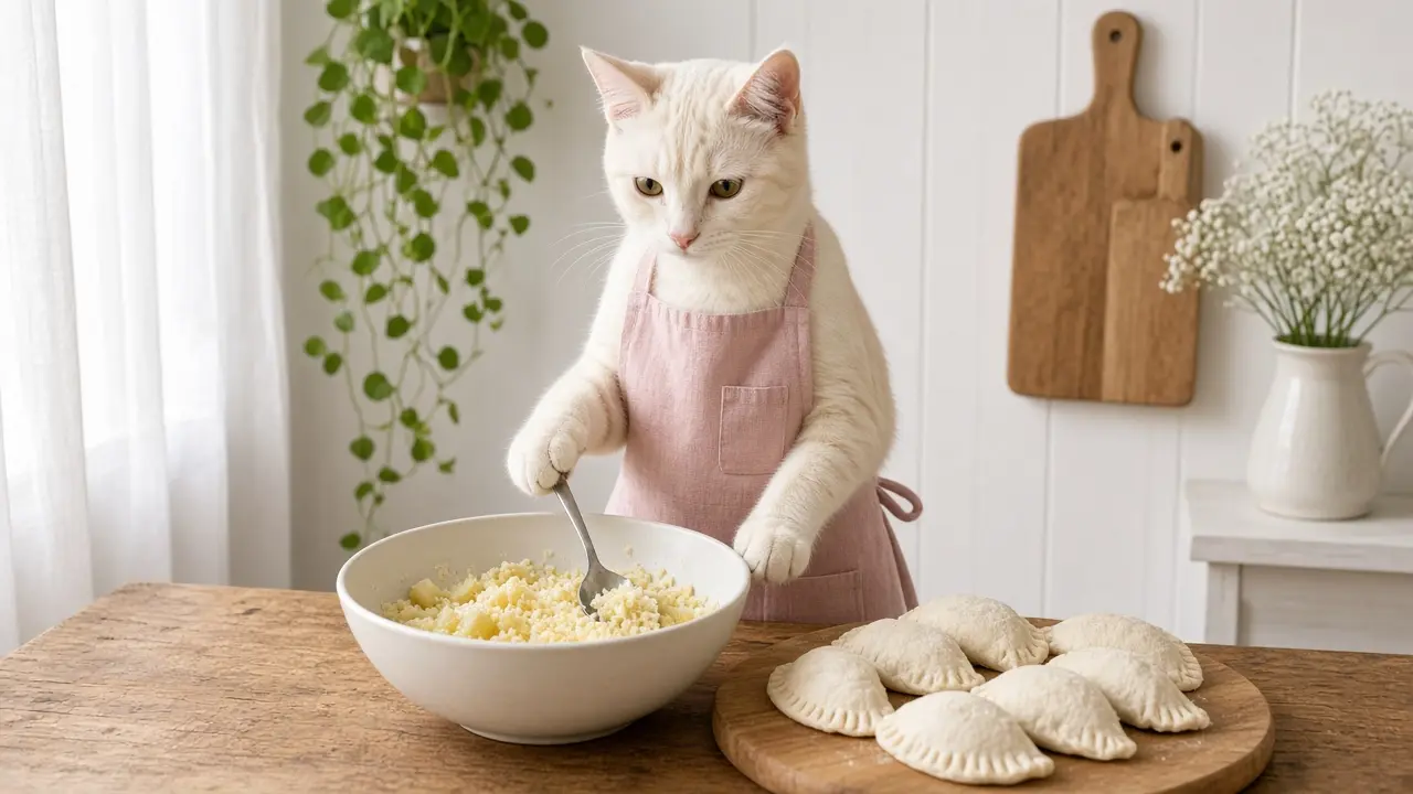 A cream-coloured cat in a pink apron, cooking this dish