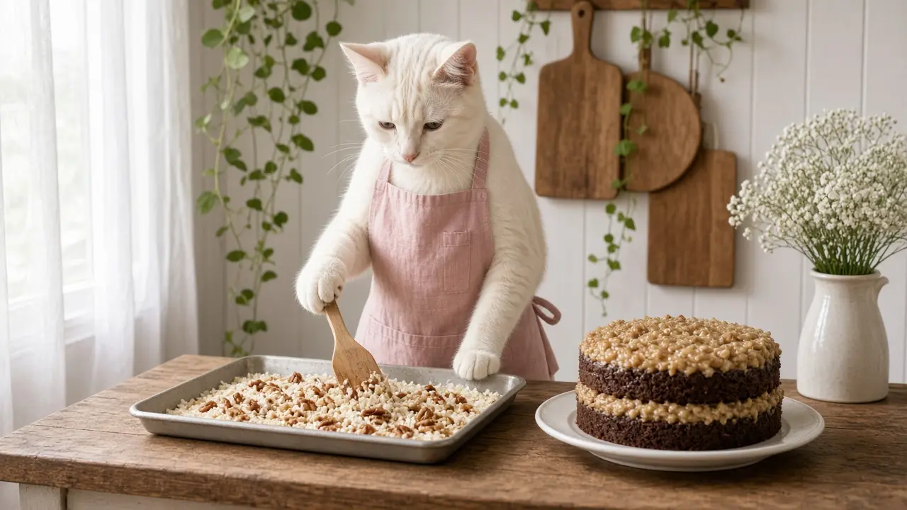 A cream-coloured cat in a pink apron, cooking this dish