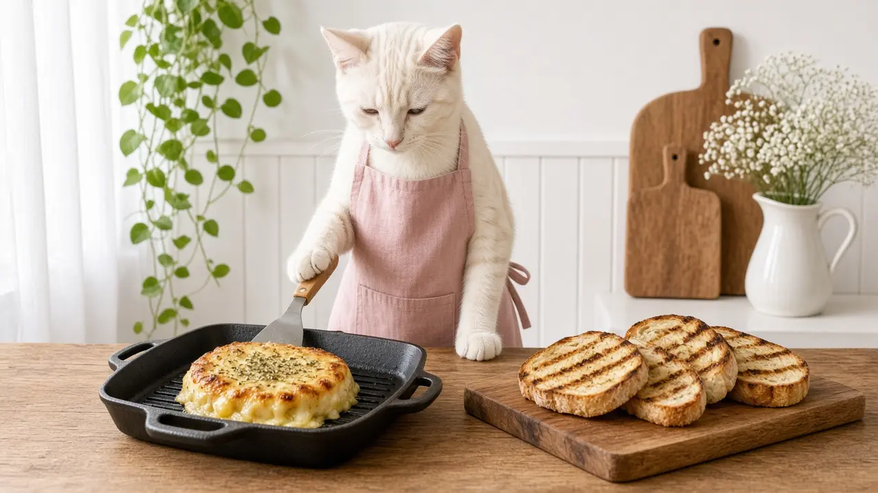 A cream-coloured cat in a pink apron, cooking this dish