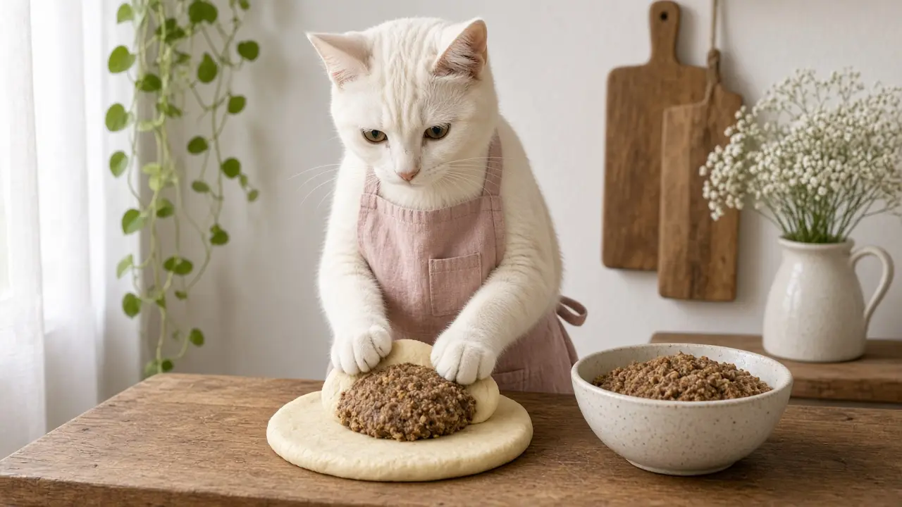 A cream-coloured cat in a pink apron, cooking this dish