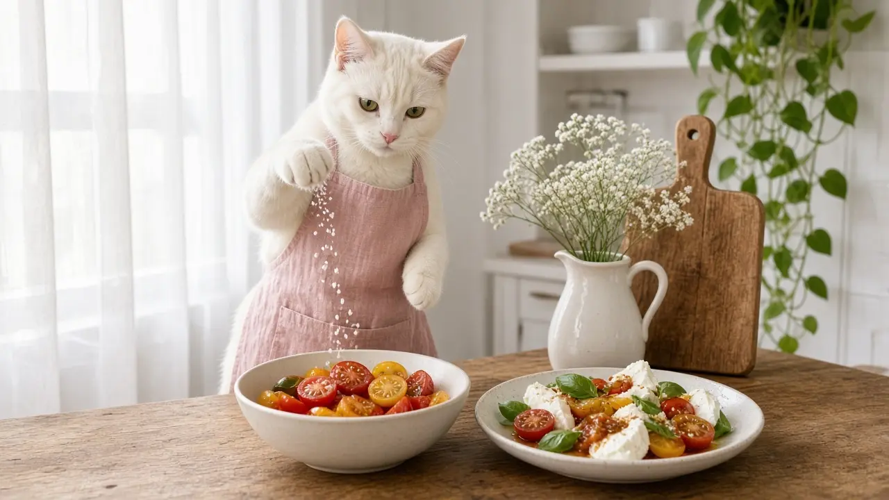 A cream-coloured cat in a pink apron, cooking this dish