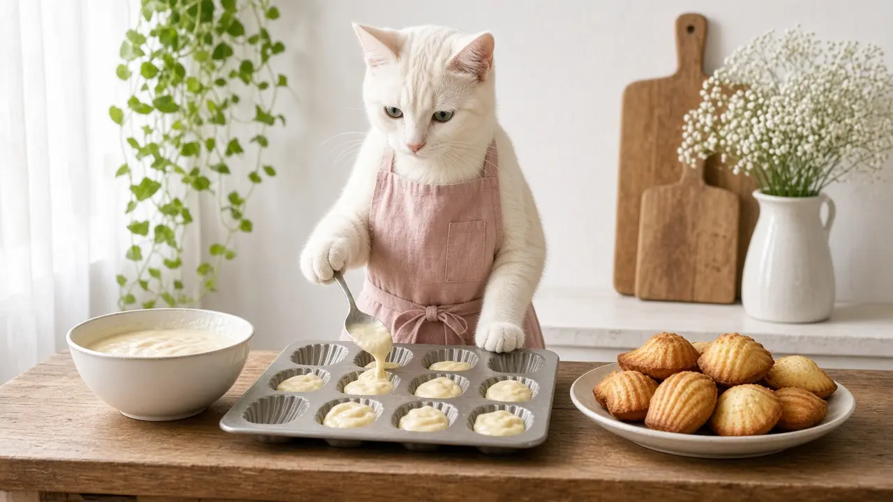 A cream-coloured cat in a pink apron, cooking this dish