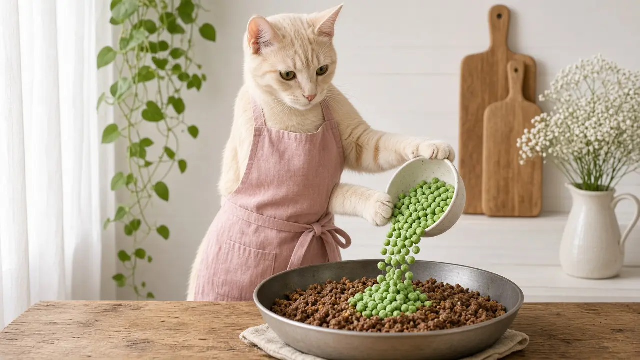 A cream-coloured cat in a pink apron, cooking this dish