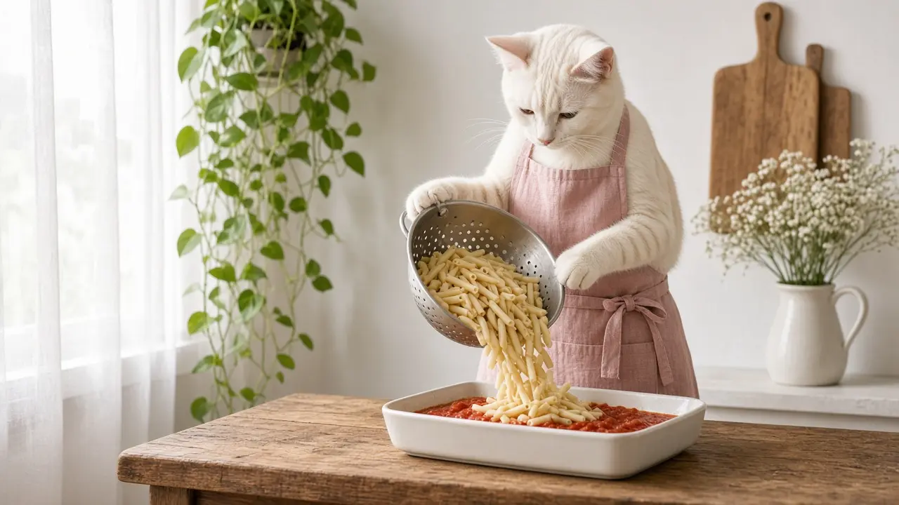 A cream-coloured cat in a pink apron, cooking this dish