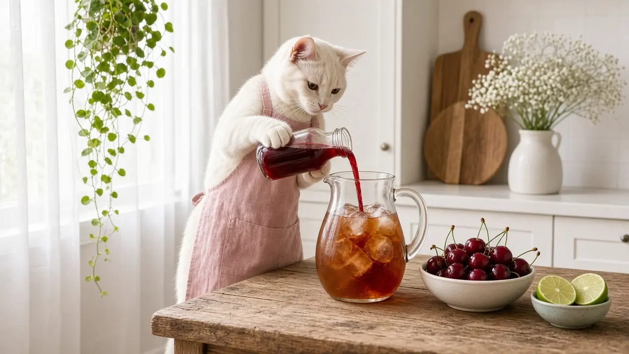 A cream-coloured cat in a pink apron, cooking this dish
