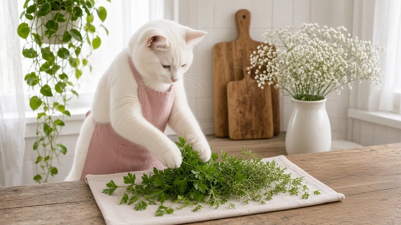 A cream-coloured cat in a pink apron, cooking this dish