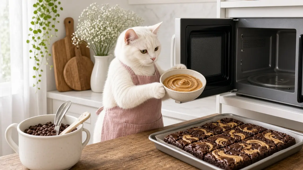 A cream-coloured cat in a pink apron, cooking this dish