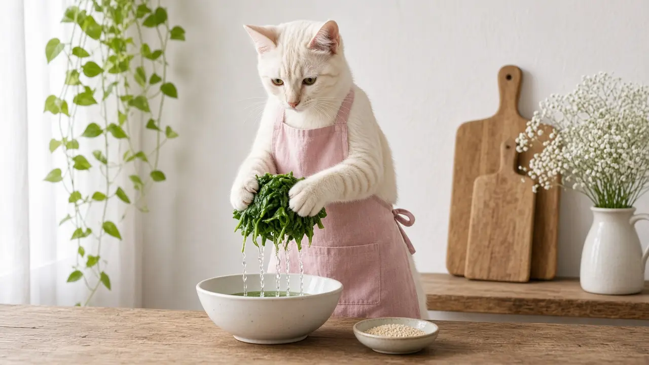A cream-coloured cat in a pink apron, cooking this dish