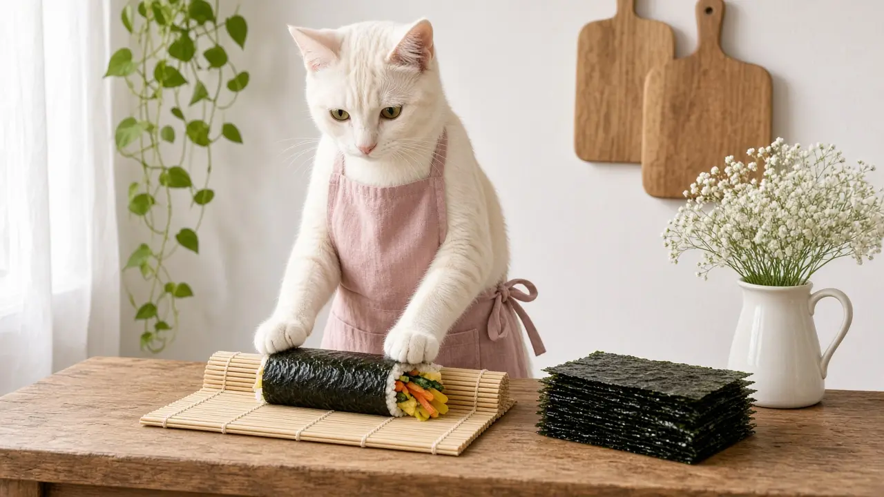 A cream-coloured cat in a pink apron, cooking this dish