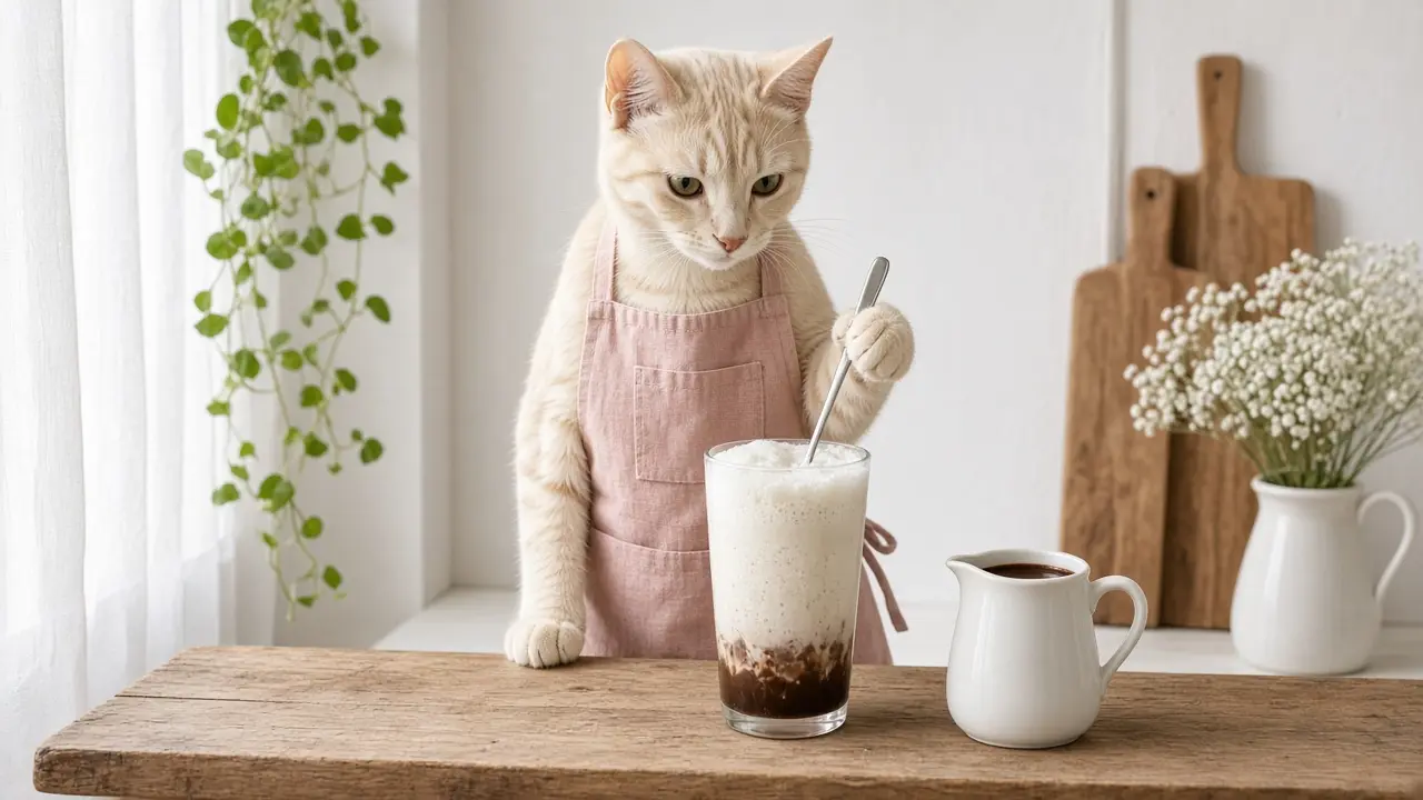 A cream-coloured cat in a pink apron, cooking this dish