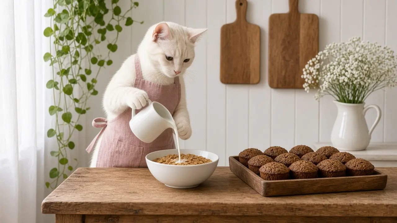 A cream-coloured cat in a pink apron, cooking this dish