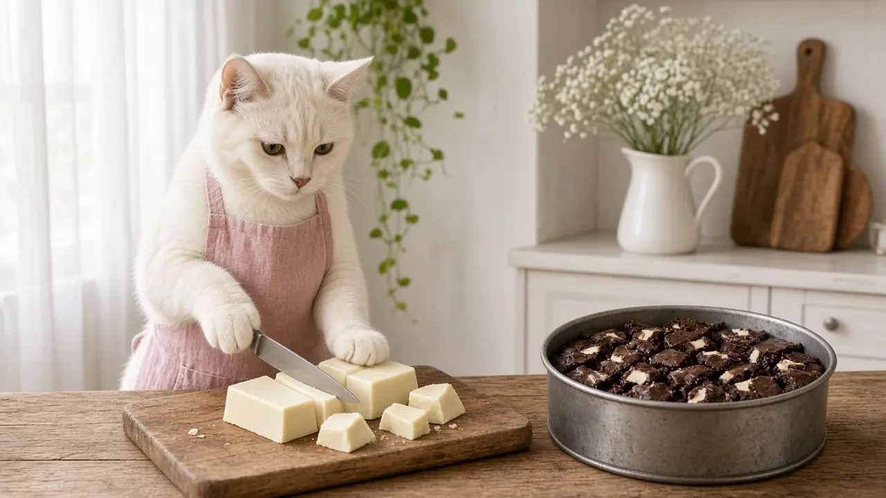 A cream-coloured cat in a pink apron, cooking this dish