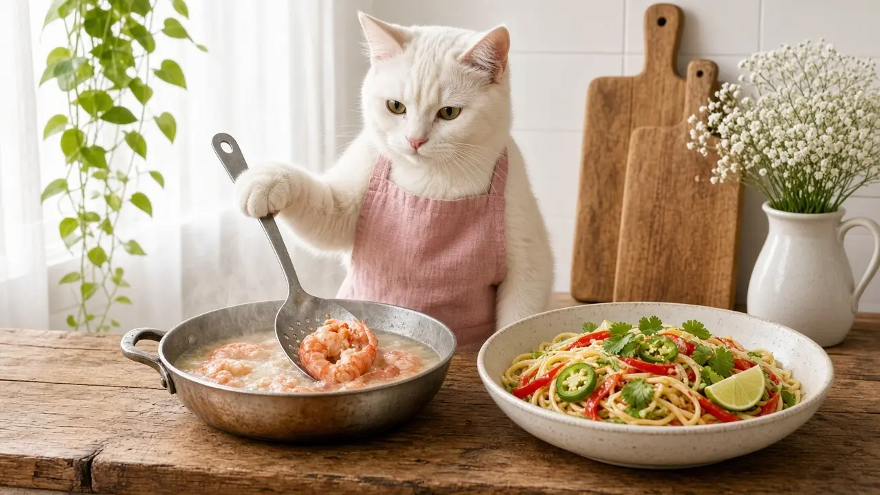A cream-coloured cat in a pink apron, cooking this dish