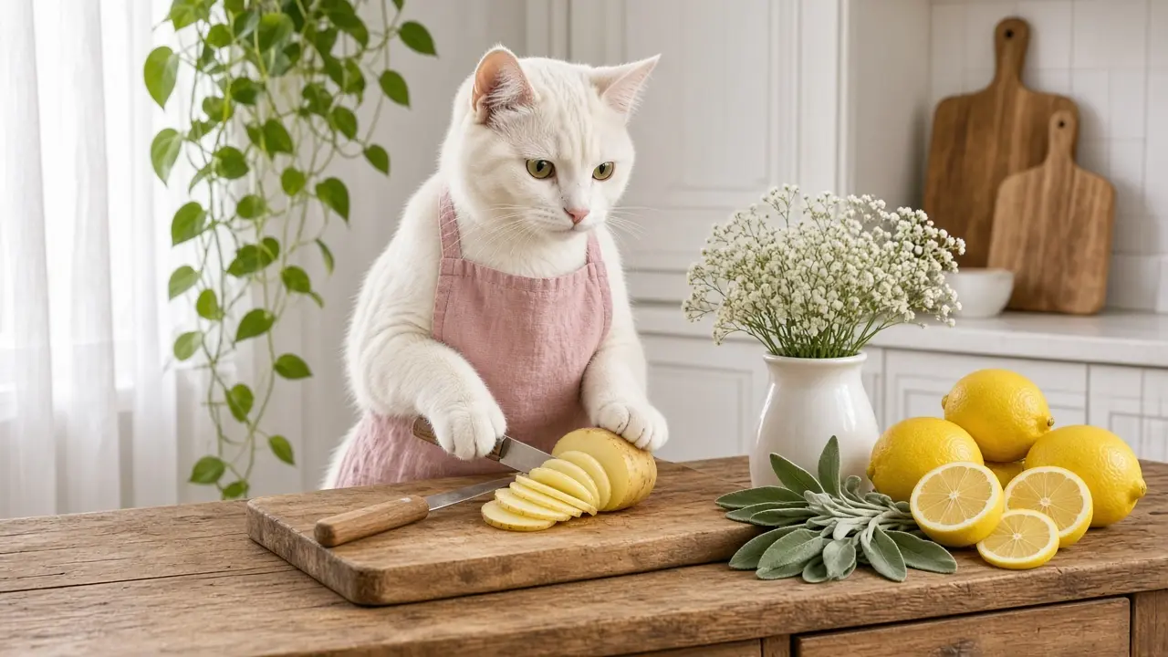A cream-coloured cat in a pink apron, cooking this dish