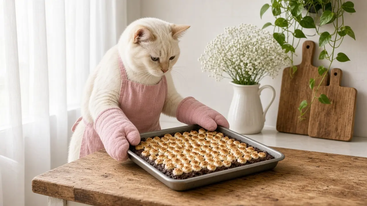 A cream-coloured cat in a pink apron, cooking this dish