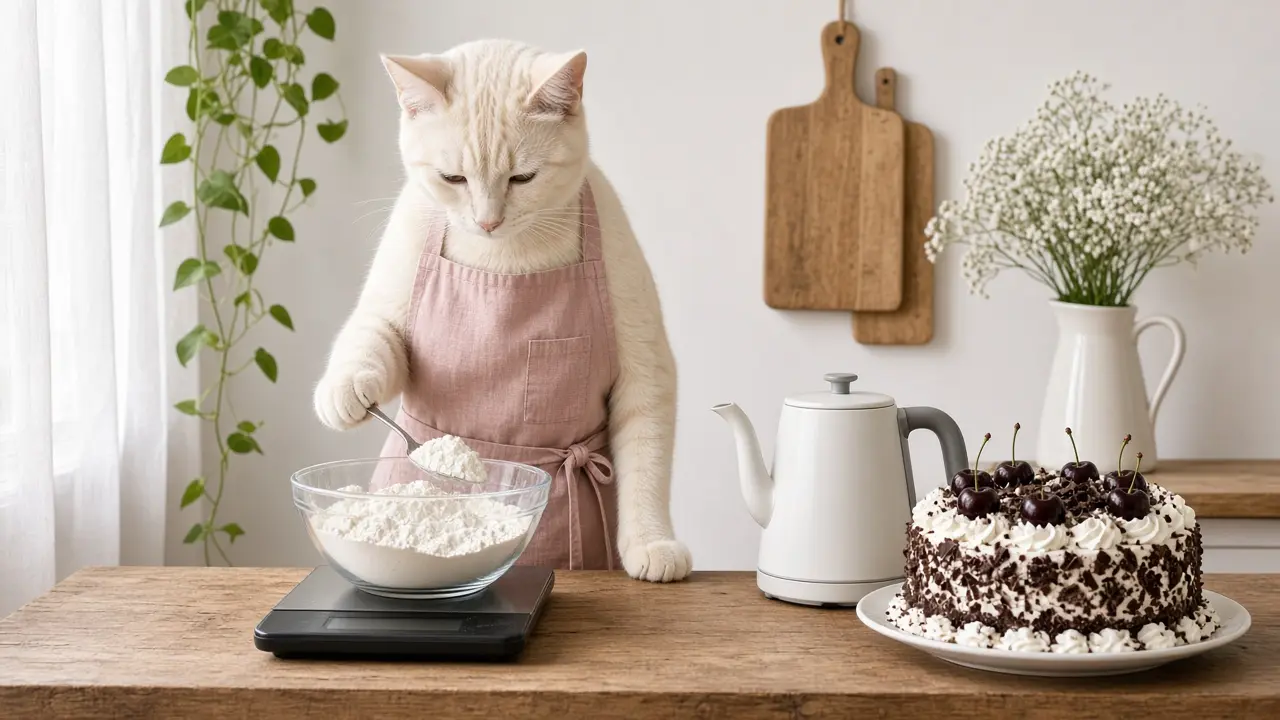 A cream-coloured cat in a pink apron, cooking this dish