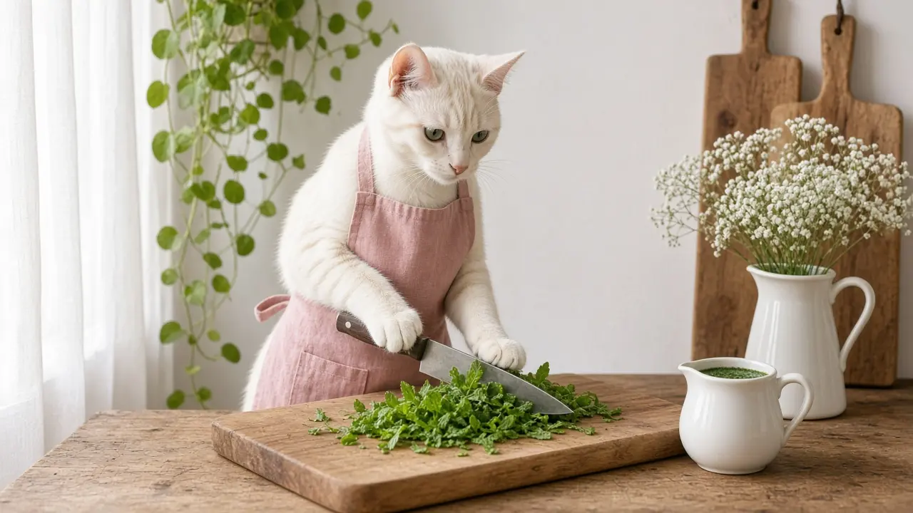 A cream-coloured cat in a pink apron, cooking this dish