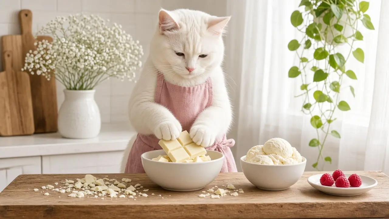 A cream-coloured cat in a pink apron, cooking this dish