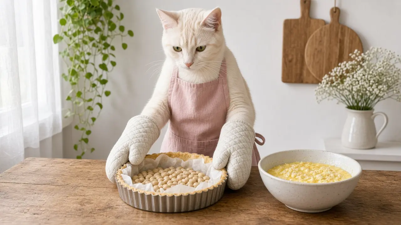 A cream-coloured cat in a pink apron, cooking this dish