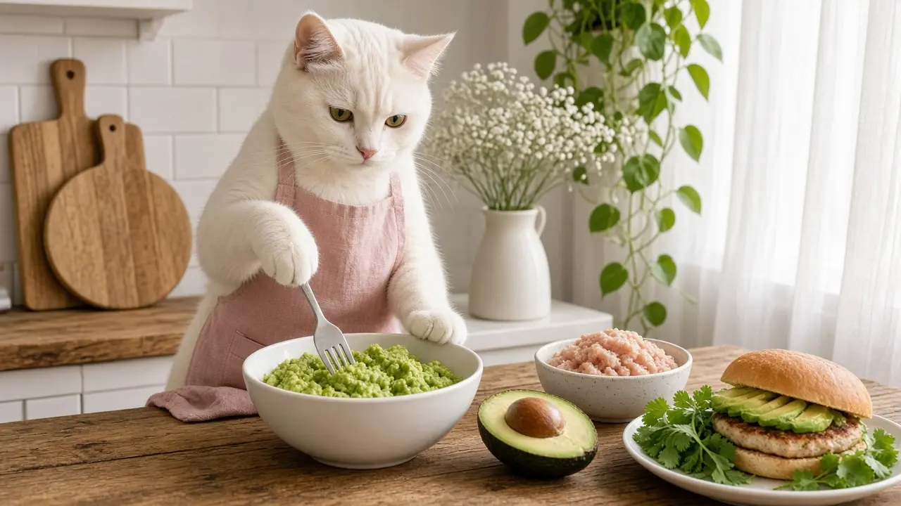 A cream-coloured cat in a pink apron, cooking this dish