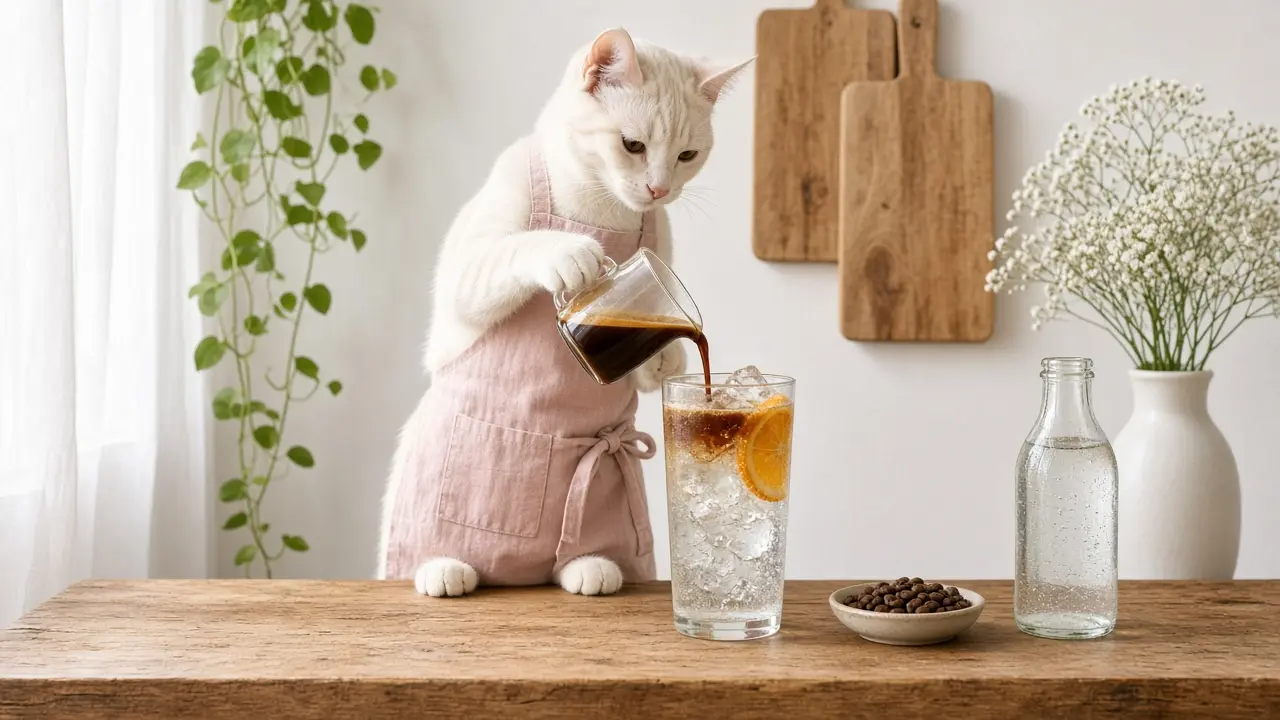 A cream-coloured cat in a pink apron, cooking this dish