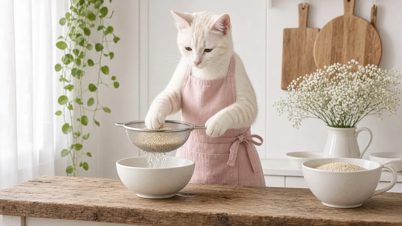 A cream-coloured cat in a pink apron, cooking this dish
