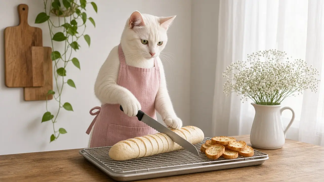 A cream-coloured cat in a pink apron, cooking this dish