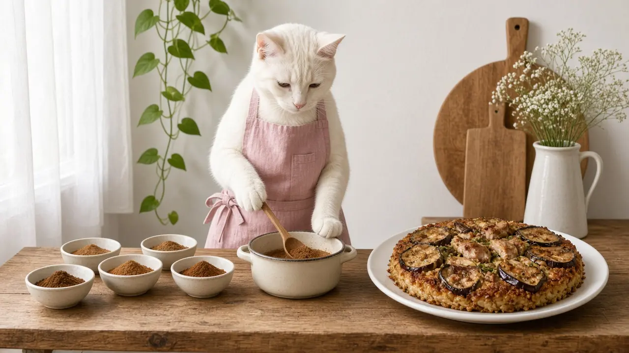 A cream-coloured cat in a pink apron, cooking this dish