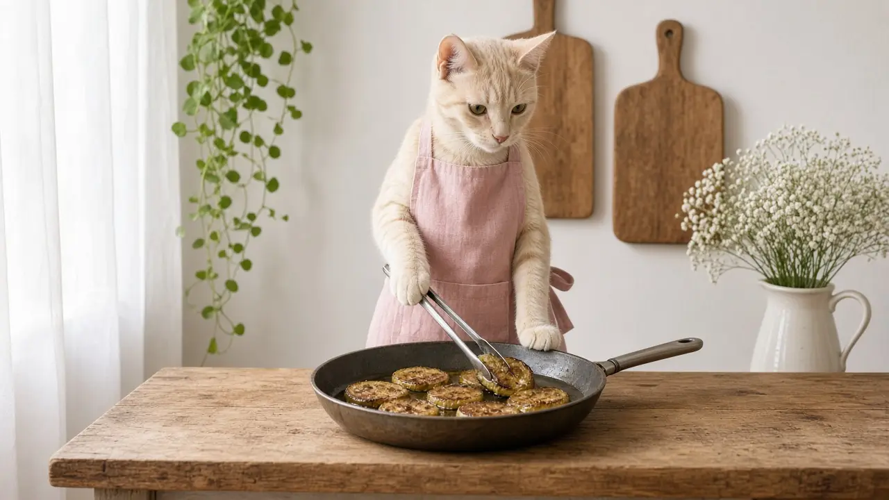A cream-coloured cat in a pink apron, cooking this dish