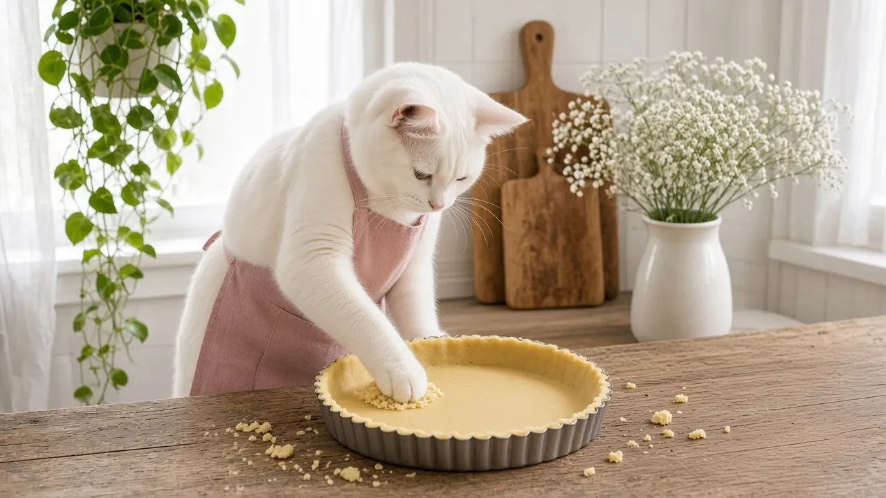 A cream-coloured cat in a pink apron, cooking this dish